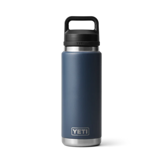 Navy YETI water bottle with black lid on a white background. Shop Yeti Drinkware at Kustom Workwear.