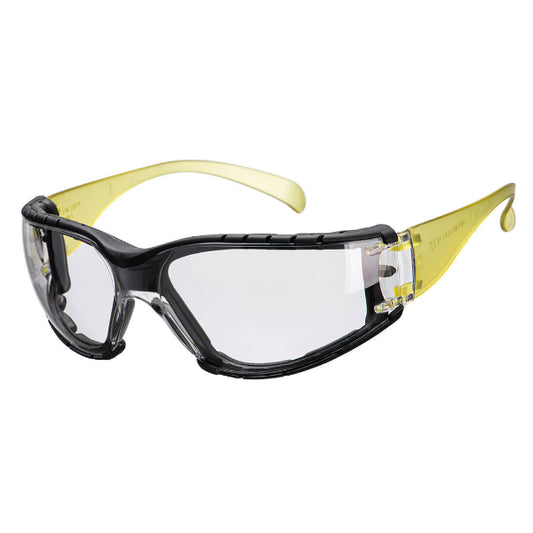 Portwest safety glasses with black frame and yellow arms on a white background
