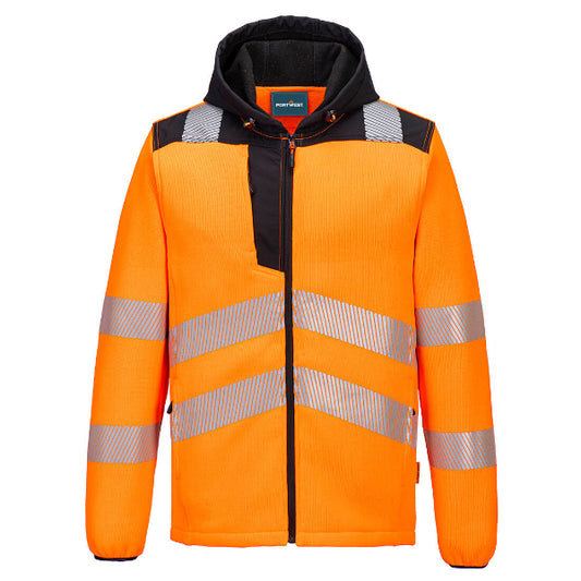 Orange high visibility technical fleece jacket with reflective stripes, zippered front, and three pockets, featuring an adjustable hood and bound cuffs.