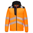 Orange high visibility technical fleece jacket with reflective stripes, zippered front, and three pockets, featuring an adjustable hood and bound cuffs.