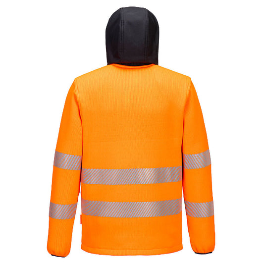 Orange safety jacket with reflective stripes on a white background.