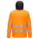 Orange safety jacket with reflective stripes on a white background.