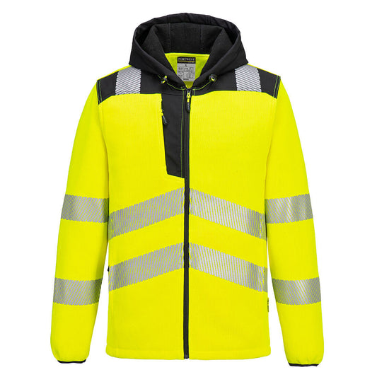 Yellow high visibility technical fleece jacket with reflective stripes, zippered front, and three pockets, featuring an adjustable hood and bound cuffs.