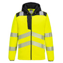 Yellow high visibility technical fleece jacket with reflective stripes, zippered front, and three pockets, featuring an adjustable hood and bound cuffs.