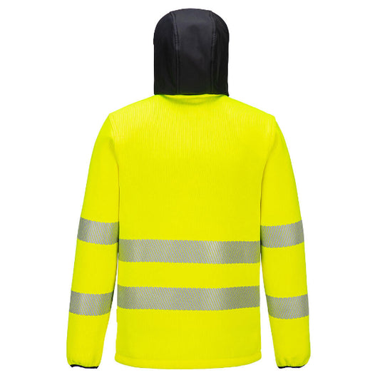 Yellow safety jacket with reflective stripes on a white background.