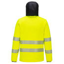 Yellow safety jacket with reflective stripes on a white background.