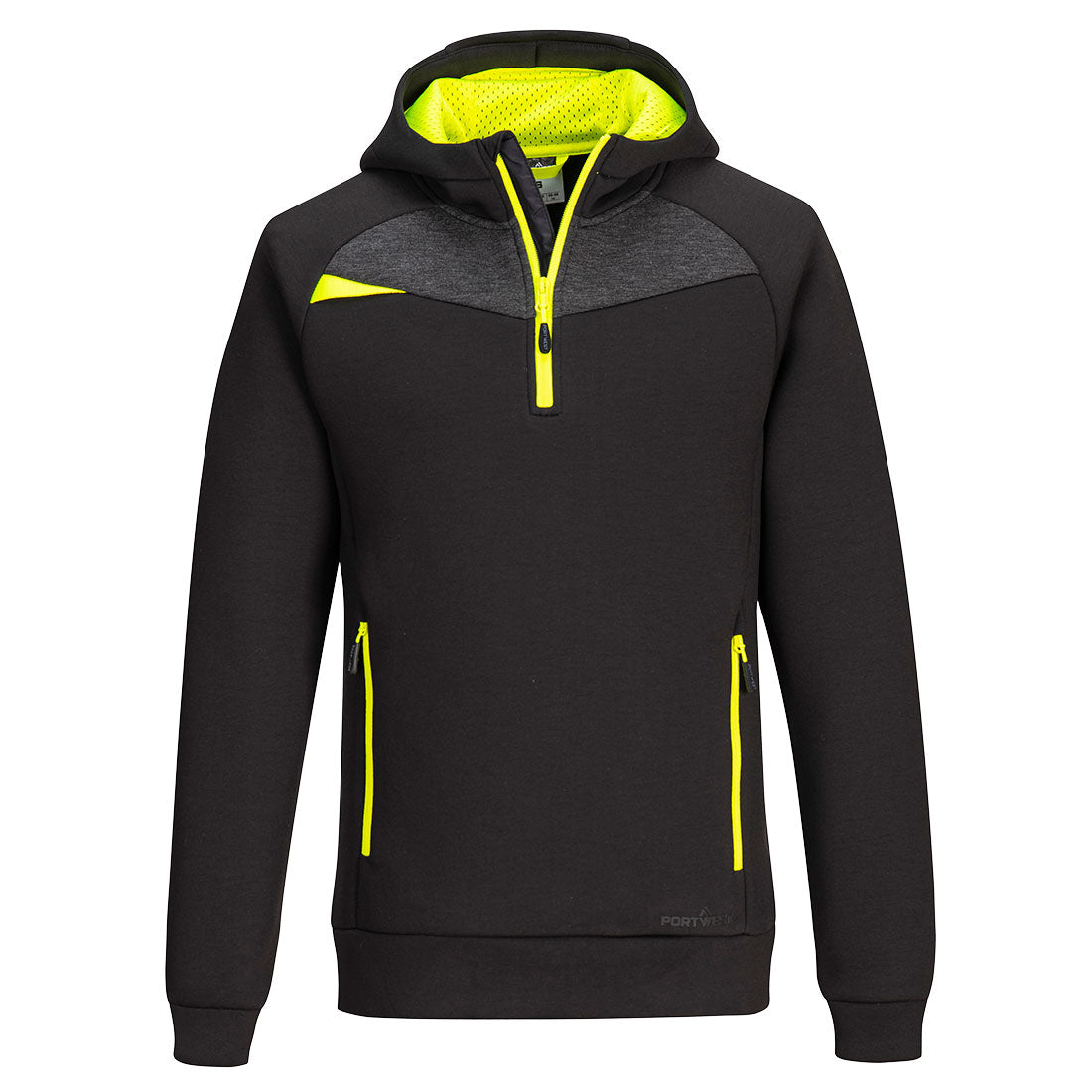 Portwest 1/4 Zip Hoodie DX467 DX4. The DX4 hoodie is made from polyester with elastane giving it 4 way stretch. It is perfect for working. The perfect weight fabric for keeping you warm in winter.