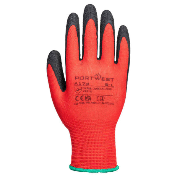 Portwest, red work glove with black fingertips on a white background. Available at Kustom Workwear.