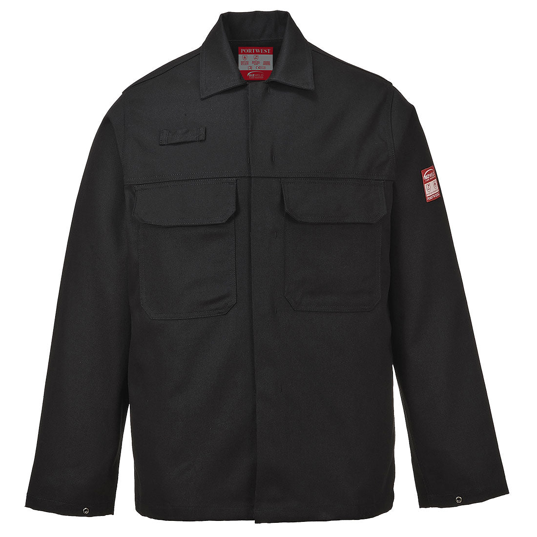 A black Portwest BIZ2 Bizweld jacket with front stud fasteners, two chest pockets with flaps, and a logo on the left sleeve. Part of the Portwest Range at Kustom Workwear.