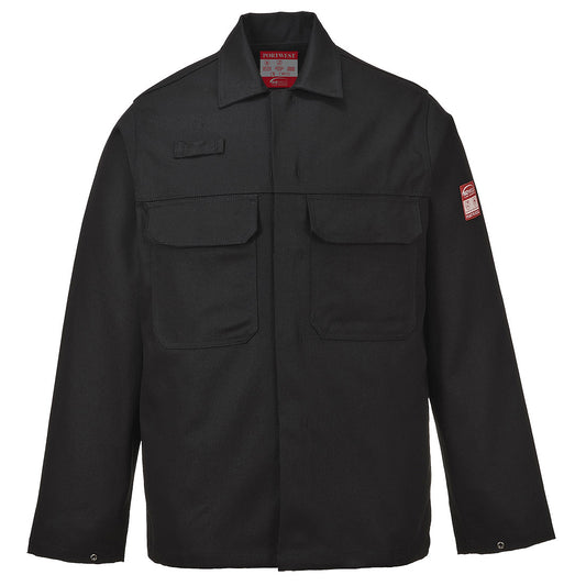 A black Portwest BIZ2 Bizweld jacket with front stud fasteners, two chest pockets with flaps, and a logo on the left sleeve. Part of the Portwest Range at Kustom Workwear.