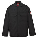 A black Portwest BIZ2 Bizweld jacket with front stud fasteners, two chest pockets with flaps, and a logo on the left sleeve. Part of the Portwest Range at Kustom Workwear.