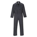 A black Portwest C813 Liverpool Zip Coverall, consisting of a long-sleeved coverall with a collar, various pockets, and a zipper.