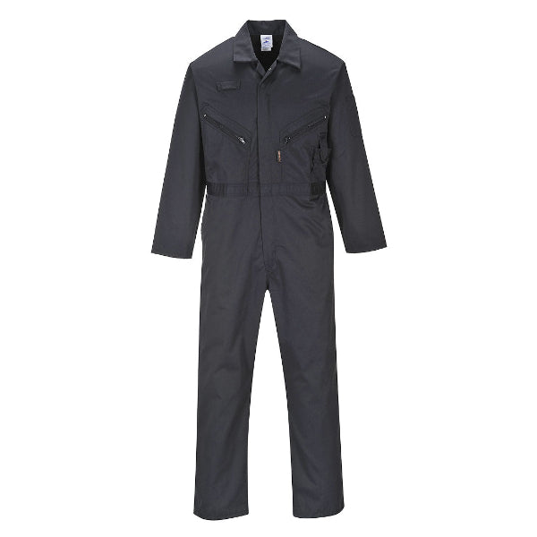 A black Portwest C813 Liverpool Zip Coverall, consisting of a long-sleeved coverall with a collar, various pockets, and a zipper.