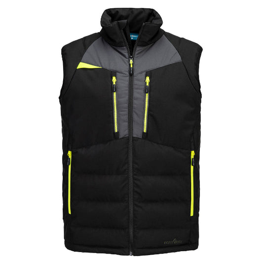 Black Portwest puffer vest with gray accents and yellow zippers on a white background. Insulated Bodywarmer available at Kustom Workwear.