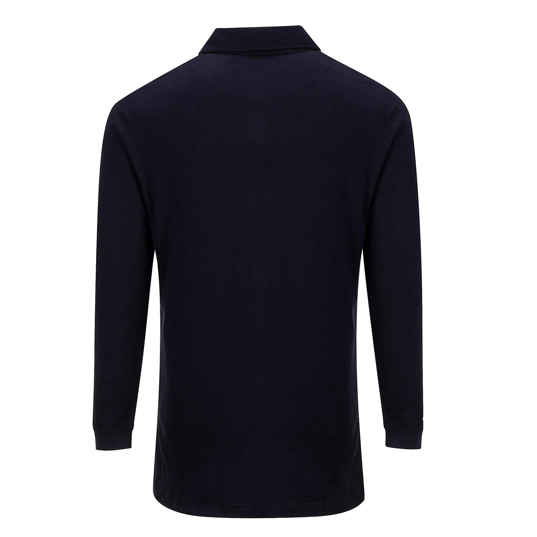 Portwest FR10 Flame Resistant Anti-Static Long Sleeve Polo Shirt. Kustom Workwear Waterford. Navy long-sleeve shirt on a white background.