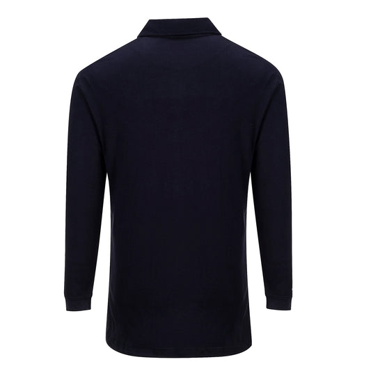 Portwest FR10 Flame Resistant Anti-Static Long Sleeve Polo Shirt. Kustom Workwear Waterford. Navy long-sleeve shirt on a white background.