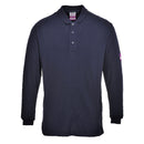 Portwest Flame resistant. Navy long-sleeve polo shirt on a white background. Available at Kustom Workwear Waterford.