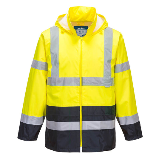 Portwest H443 Hi-Vis Classic Contrast Rain Jacket. Yellow safety jacket with reflective stripes on a white background. Available at Kustom Workwear Waterford.