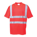 Red Portwest hi-vis safety shirt with reflective stripes on a white background.