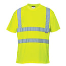 Portwest High-visibility yellow t-shirt with reflective stripes on a white background.