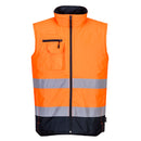 Orange Portwest safety vest with reflective stripes on a white background. High Visibility Bodywarmer