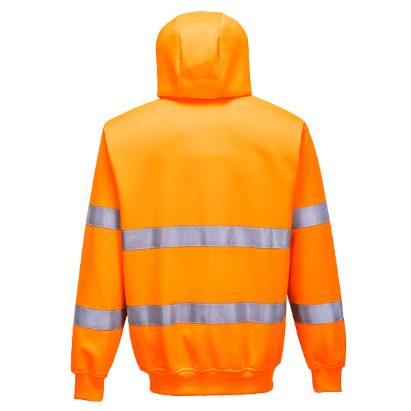 Orange hoodie with reflective stripes on a white background.