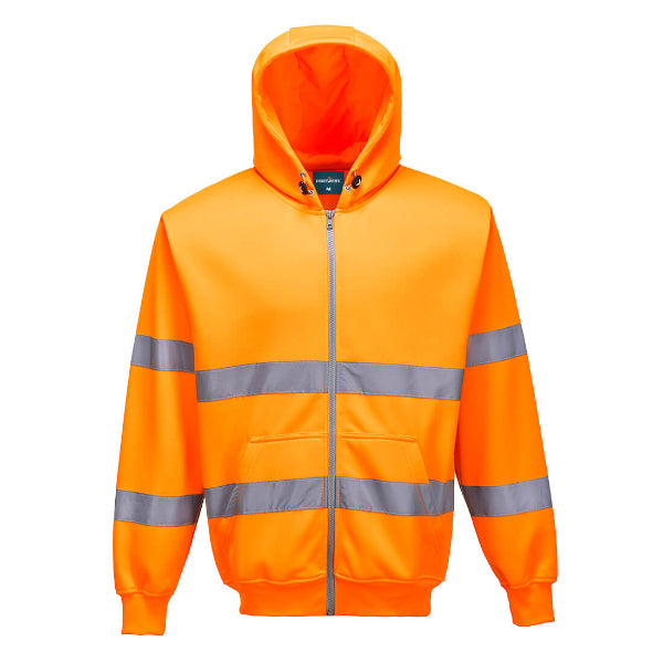 Orange Portwest hi-vis hoodie with reflective stripes on a white background. Available at Kustom Workwear.