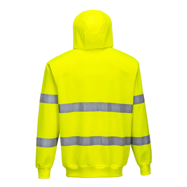 Yellow hoodie with reflective stripes on a white background.