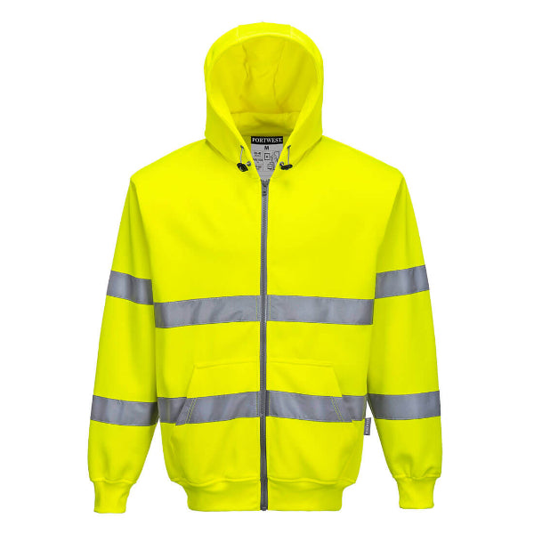 Fluorescent yellow hoodie with reflective stripes on a white background. Available at Kustom Workwear.