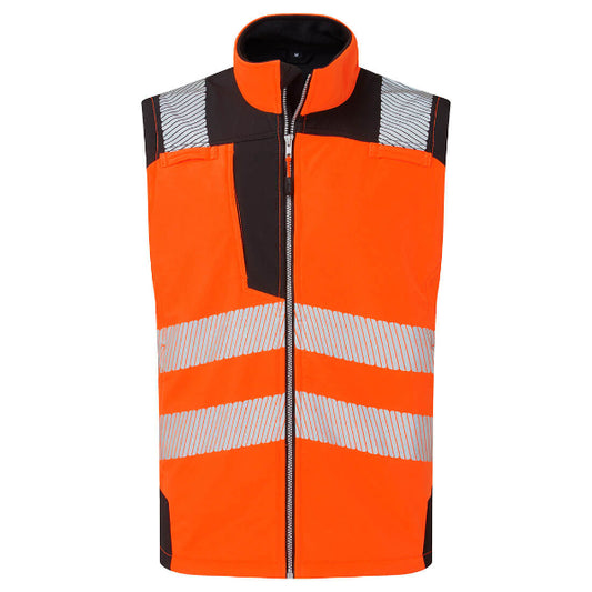 Orange Portwest safety vest with reflective stripes on a white background. Hi-Vis Softshell Gilet.