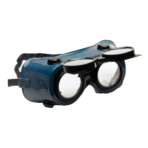 Blue Portwest Safety goggles with black straps on a white background.