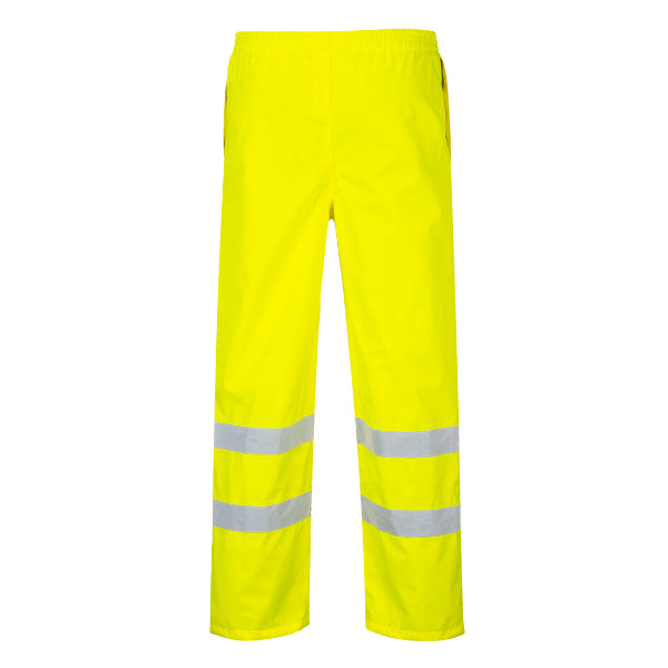 Portwest S487 Hi-Vis Breathable Trouser. Kustom Workwear. High-visibility yellow work pants with reflective stripes on a white background.