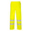 Portwest S487 Hi-Vis Breathable Trouser. Kustom Workwear. High-visibility yellow work pants with reflective stripes on a white background.