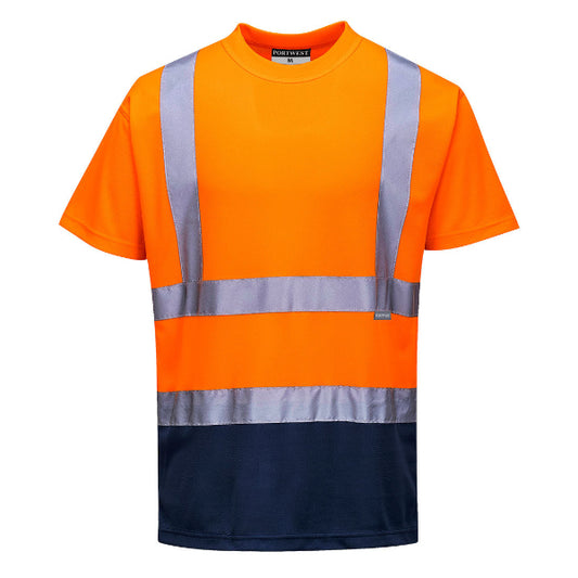 A two-tone orange and navy blue Portwest T-shirt with reflective tape and a collar.