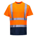A two-tone orange and navy blue Portwest T-shirt with reflective tape and a collar.