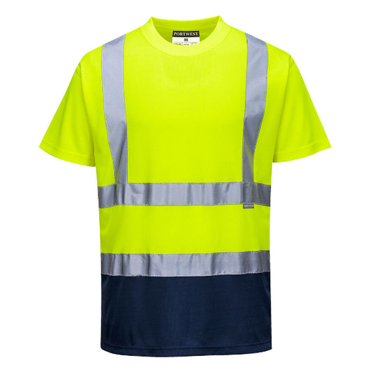 A two-tone orange and navy blue Portwest T-shirt with reflective tape and a collar.