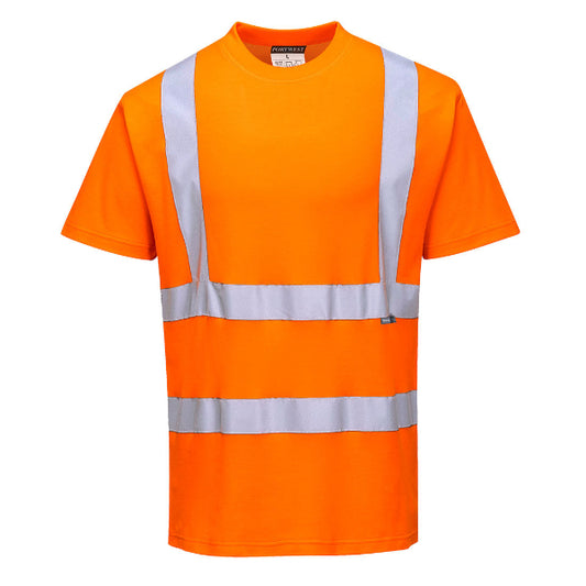 A Portwest orange hi-vis short sleeve T-shirt with reflective silver stripes on the sleeves and chest.