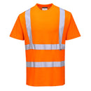 A Portwest orange hi-vis short sleeve T-shirt with reflective silver stripes on the sleeves and chest.