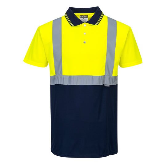 A Portwest two-tone polo shirt with yellow and navy colors, featuring short sleeves and a collar.