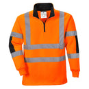 Orange high-visibility Portwest workwear sweatshirt with reflective stripes on a white background. Hi-Vis Range.