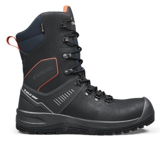Black high-cut Solid Gear Safety Boot with orange accents on a white background. Available at Kustom Workwear.