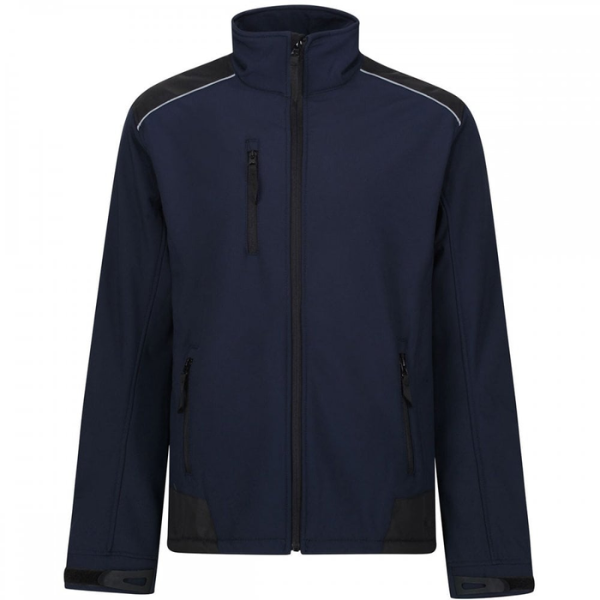 A Navy Regatta TRA651 Sandstorm jacket with a zip guard, adjustable cuffs, and reflective trim. Part of the Kustom Workwear Outlet Sale.