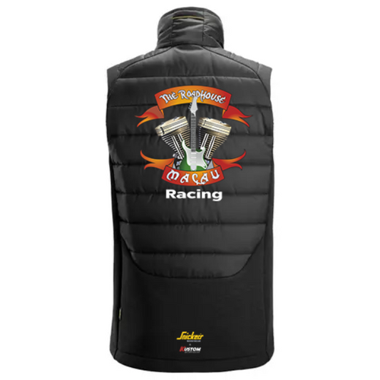 Roadhouse Macau Racing x Snickers 4902 Hybrid Vest Offical Teamwear. Black puffer vest with racing logo and text on a white background. Available at Kustom Workwear.