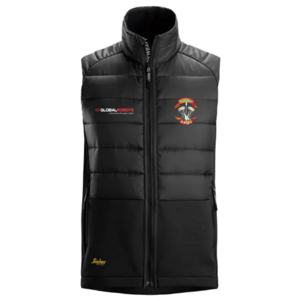 Roadhouse Macau Racing x Snickers 4902 Hybrid Vest Offical Teamwear. A black sleeveless vest with a zipper, branded with 'Snickers' and 'Roadhouse Macau Racing' logos, and equipped with zippered hand-warming pockets and an adjustable elastic at the bottom hem. Available at Kustom Workwear.