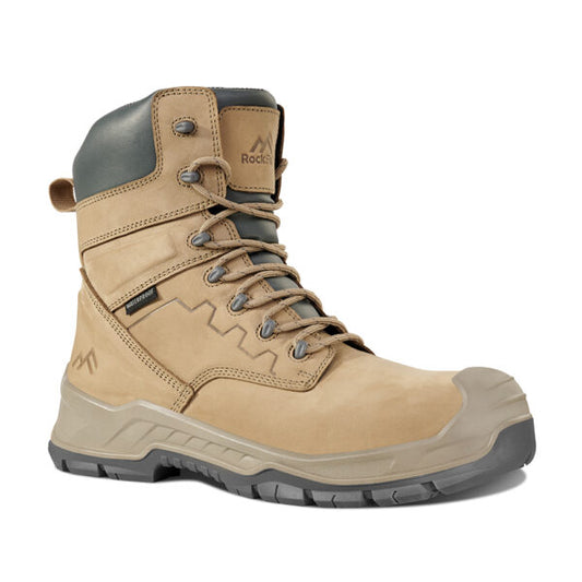 Tan Rock Fall Wilder work boot with grey accents on a white background.