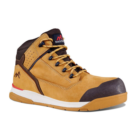 Rockfall RF625 tan and brown work boot with brand logo on a white background.
