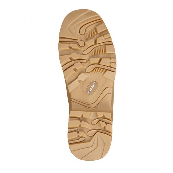 Close-up of a Rockfall VX950C work boot sole with 'Rockfall' branding on a white background.