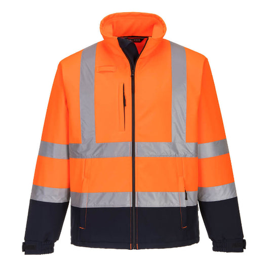 A Portwest high-visibility orange and navy softshell jacket with reflective stripes and a contrast bottom panel.