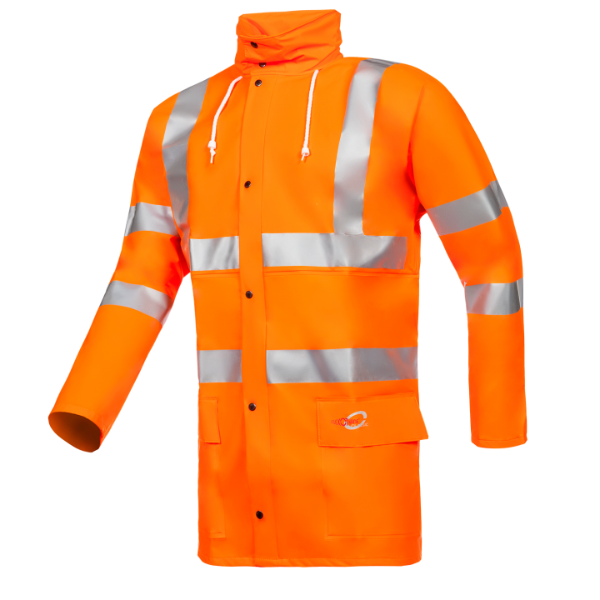 Hi-Vis Sioen yellow rain jacket with reflective stripes on a white background. Available at Kustom Workwear.
