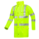 Hi-Vis Sioen yellow rain jacket with reflective stripes on a white background. Available at Kustom Workwear.